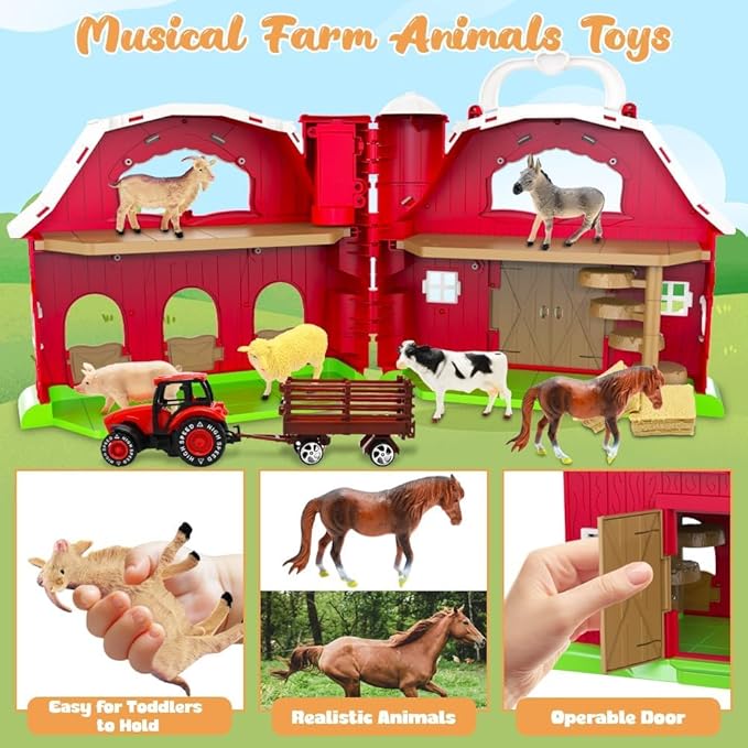 Big Red Barn Toys for Toddlers 1-3, Farm Animal Figures Playset with Tractor for 2 3 4 5 Year Old Kids, Musical Preschool Montessori STEM Learning Toys, Christmas Birthday Easter Gift for Boys Girls