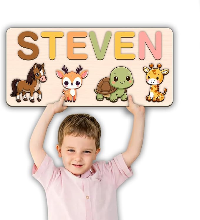 LOVELYPOD Personalized Name Puzzle for Kids, Custom Name Puzzles for Toddlers 1-3 Animal Puzzle, Customized 1st Birthday for Girls & Boys Wooden Toys for Kids, for New Baby - Style 14