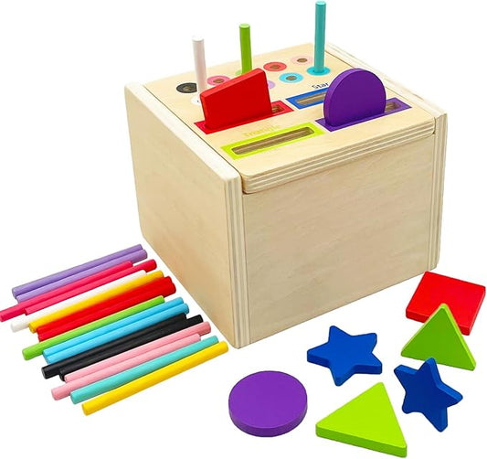 Wooden Sorting Toys Montessori Color & Shape Sorter Preschool Learning Activities Fine Motor Skills Sensory Toys for Toddlers 2-5 Birthday Gifts for Boys and Girls (Colorful-Cube)