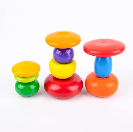 WODI Wooden Rainbow Stacking Stones 10Pcs Multi-Style Wood Sorting Balancing Rocks Blocks Montessori Educational Toys for Toddler Kids 3 Years Up Developing Skills