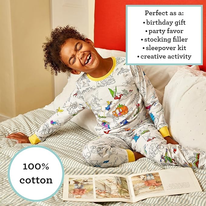 eatsleepdoodle coloring pajamas for boys and girls, with 10 washable markers, Kids Colorable Pajama 100% cotton