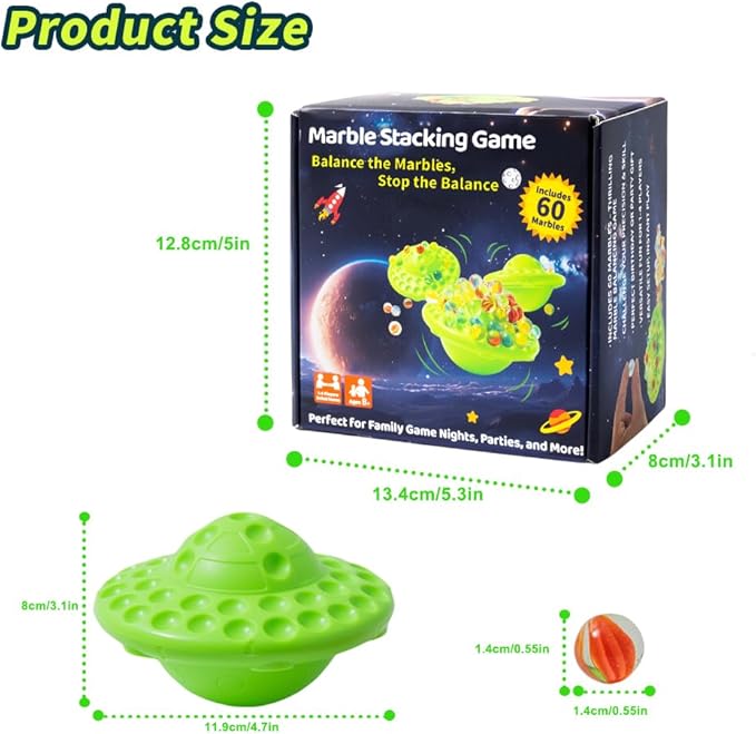 Marble Balancing Game for 1-4 Players with 60 Colorful Marbles & UFO Design - Built-in Storage Family Challenge, Fun Stacking Party Game for Kids Adults Ages 8-12, Perfect Holiday Birthday Gift