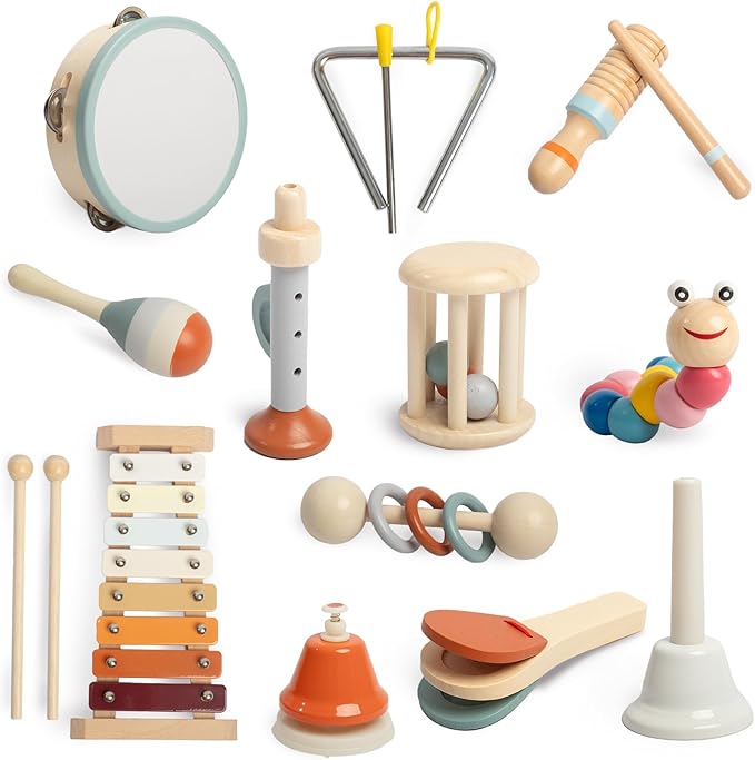 Toddler Musical Instruments Set, Montessori Baby Wooden Toys for Toddlers 1-3, Percussion Instruments for Kids with Xylophone, Neutral Colors Preschool Music Toys