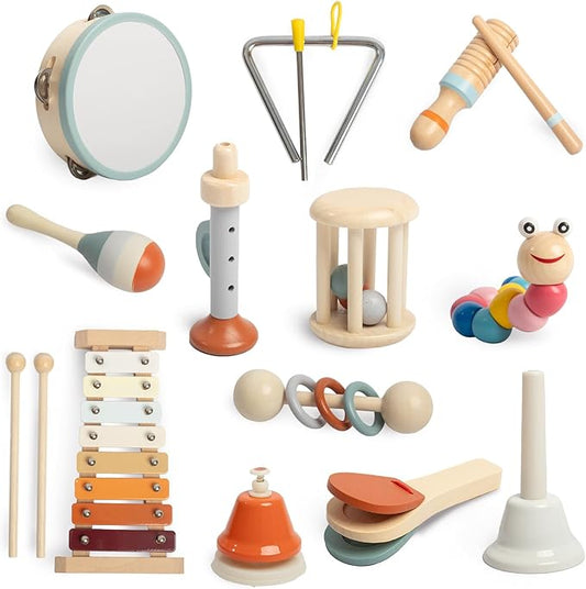Toddler Musical Instruments Set, Montessori Baby Wooden Toys for Toddlers 1-3, Percussion Instruments for Kids with Xylophone, Neutral Colors Preschool Music Toys