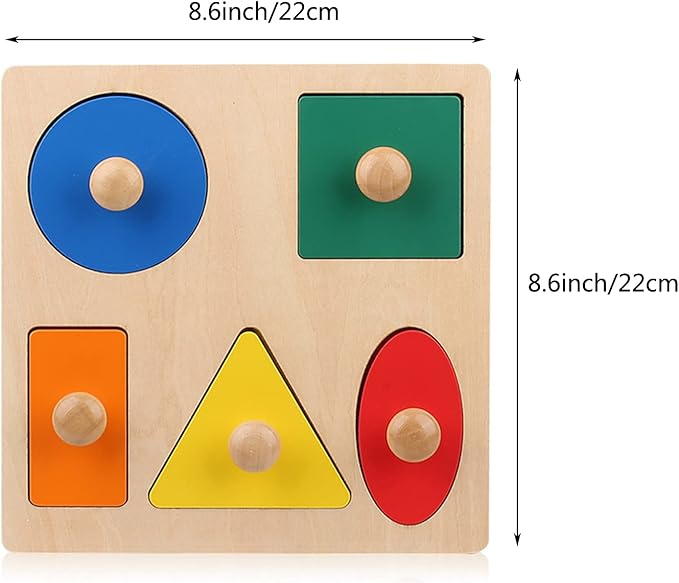 Montessori Wooden Puzzle Board Knob Wooden Puzzle Geometric Shape Puzzle Early Education Material Sensorial Toy for Toddler Shape & Color Sorter (5 Geometry Shape)