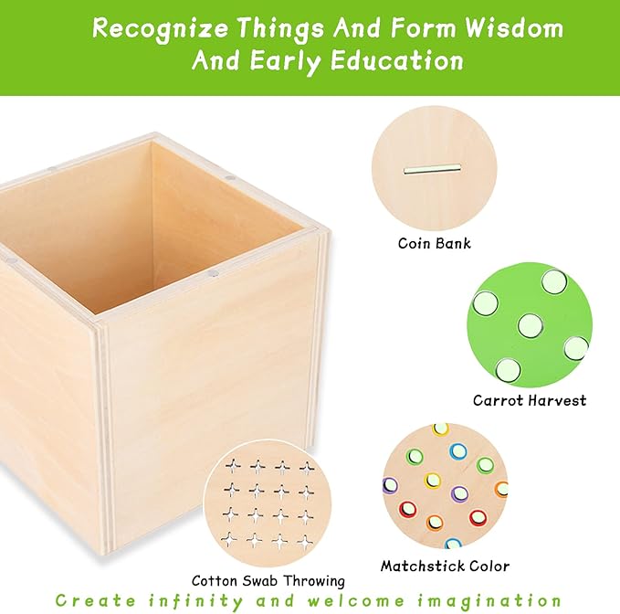 4-in-1 Montessori Wooden Play Kit for 1+ Year Old - Carrot Harvest Games, Infant Coin Box, Fine Motor Skills Toys and Cotton Swab Drop Game Box, Gift for Babies 6-12 Months