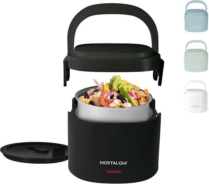 Nostalgia Portable 20-Ounce Electric Heated Lunch Box – Travel Size 2.5 Cup Capacity for Soup, Chili, and Leftovers – Leak Proof Silicone Sealed Lid, Foldable Carry Handle, Detachable Cord – Black