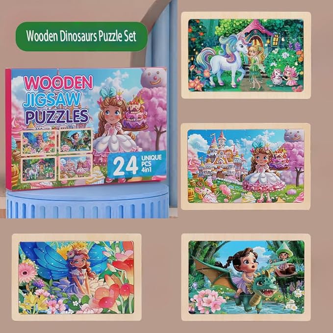 4 Sets of Wooden Puzzles, Each Set has 24 Pieces, Including Castle Unicorn Princess, for Toddlers 3-5, Puzzles for Kids Ages 4-6, Preschool Educational Brain Teaser Toys for Girls 3 4 5 6 Years Old.