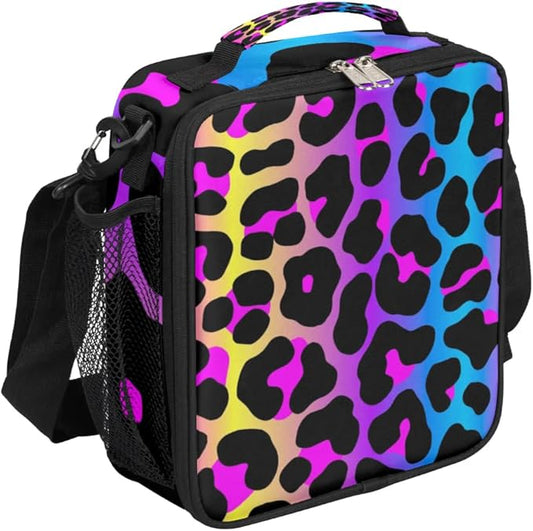Rainbow Leopard Lunch Bags with Shoulder Strap Cheetah Print Insulated Lunch Boxes for Kid Girls Women Waterproof Thermal Cooler Tote Bag Portable Picnic Bag for School Work Outdoor Gifts