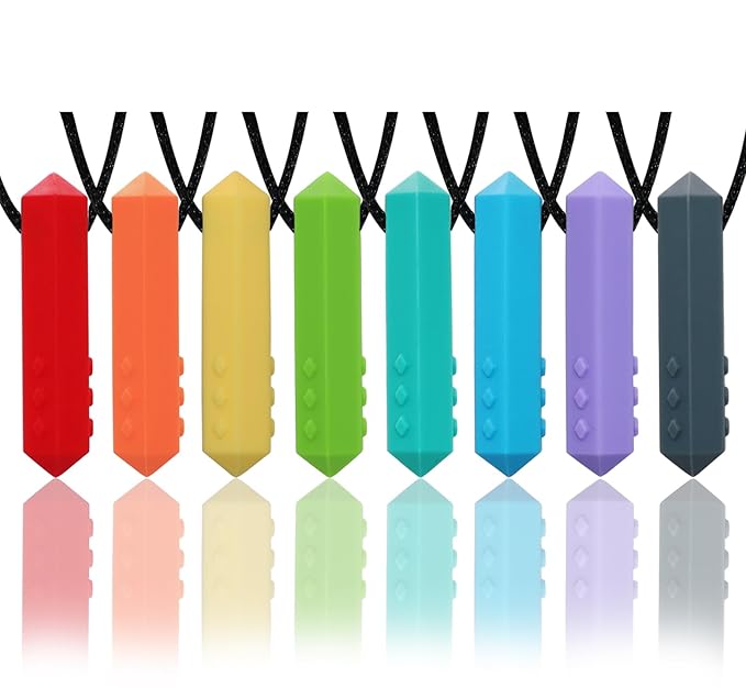 Chew Necklaces for Sensory Kids, 8 Pack Chewy Necklace Sensory Toys for Kids with Autism, ADHD, SPD, Biting, Silicone Teething Necklace Oral Chew Toys for Adults Reduce Chewing Anxiety Fidget