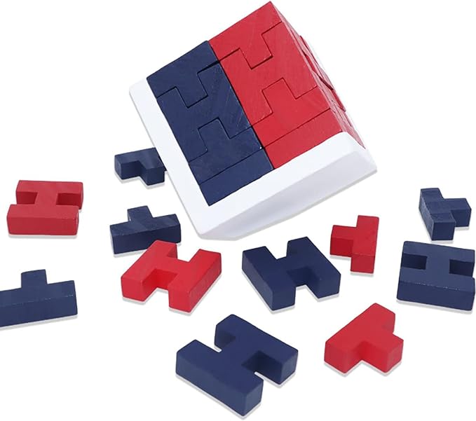 3D Wooden Brain Teaser Puzzle Cube Wooden Puzzles T-Shaped Jigsaw Logic Puzzle Game Puzzles Educational Toy for Kids and Adults (Red)