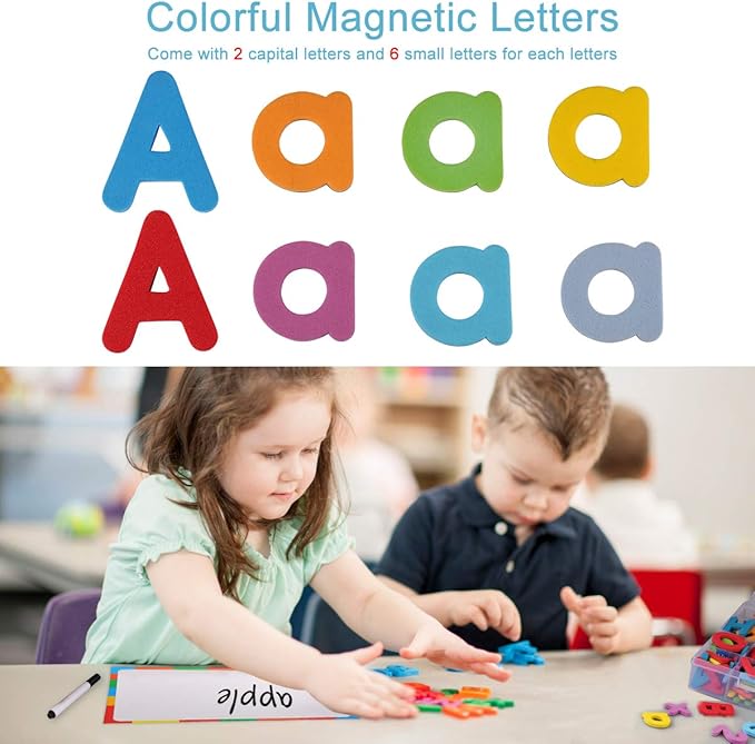 Magnetic Letters Kit, A-Z Foam Magnetic Letters, Alphabet Letters with Large Double-Side Magnet Board and Learning Cards, Educational Refrigerator Magnets for Preschool Learning Spelling (Colorful)