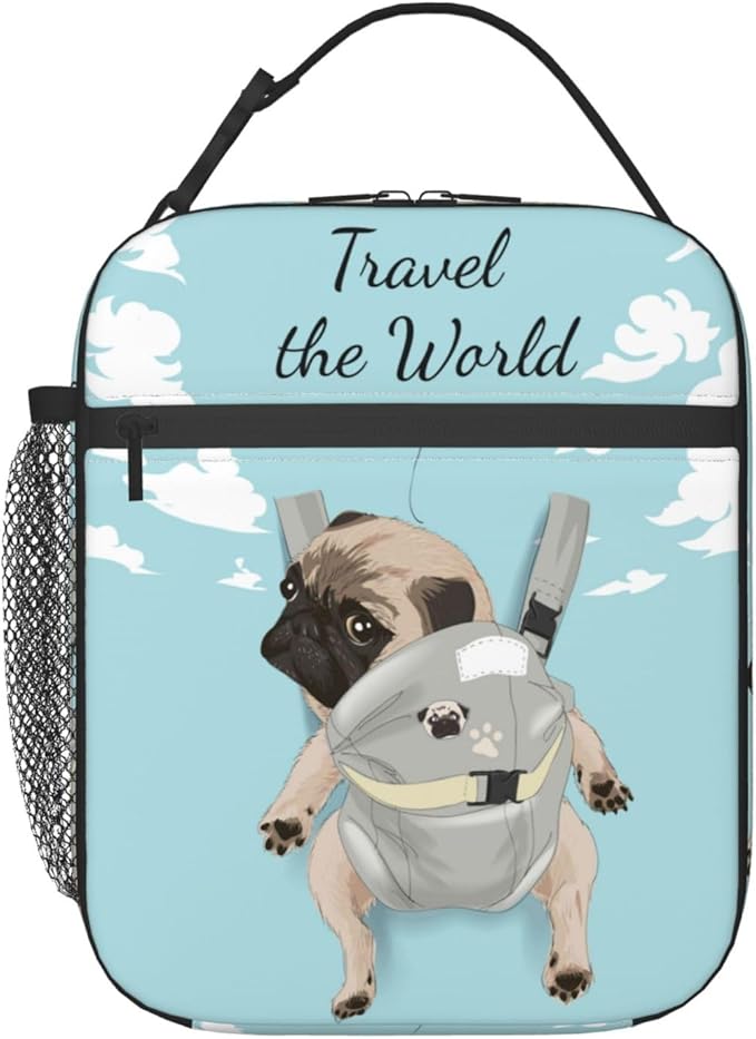 Cute Pet Pug Reusable Lunch Box Food Bag Insulated Lunch Bag for Teenage Boys Girls School Beach