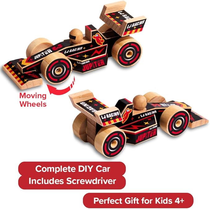 Little Jupiter DIY Wooden Kits w/Stickers - Kids Building- Stem Toys - Wood Crafts - Woodworking - Wood Project for Ages 4-7 Yrs (Open Wheel Car)