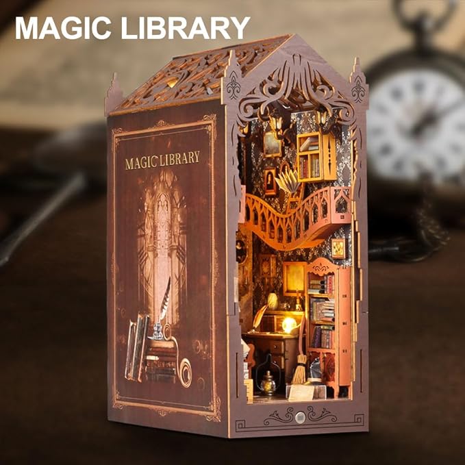 Magic Library Book Nook Kit - DIY Miniature House Tiny House 3D Wooden Puzzle Dollhouse Kit for Adults and Teens, Bookshelf Insert Decor, Model Build, Craft Gift for Family and Friends