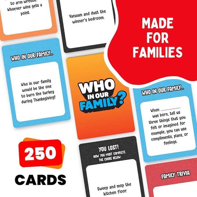 Viral Studios Who in Our Family? – Hilarious Family Party Game | Trivia, “Most Likely to” & Head-to-Head Challenges | Fun Family Game Night Card Game for Kids, Teens & Adults