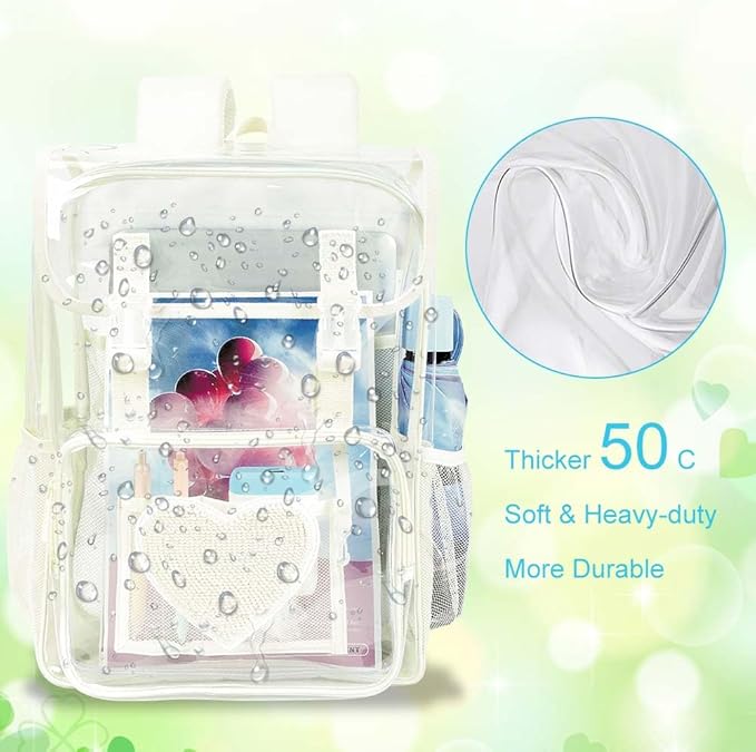 17" Sequin Clear Backpack for Girls - 3Pcs Sparkle Flip Design Stadium Approved Set, Campus/School Transparent Bookbag (White)