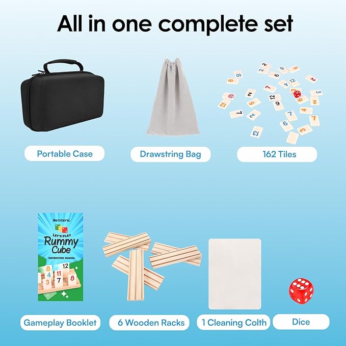 Rummy Cube Game 6 Players with Portable Travel Case, 162 Melamine Rummy Tiles & 6 Wooden Holders, Classic Family Strategy Board Game for Adults Kids