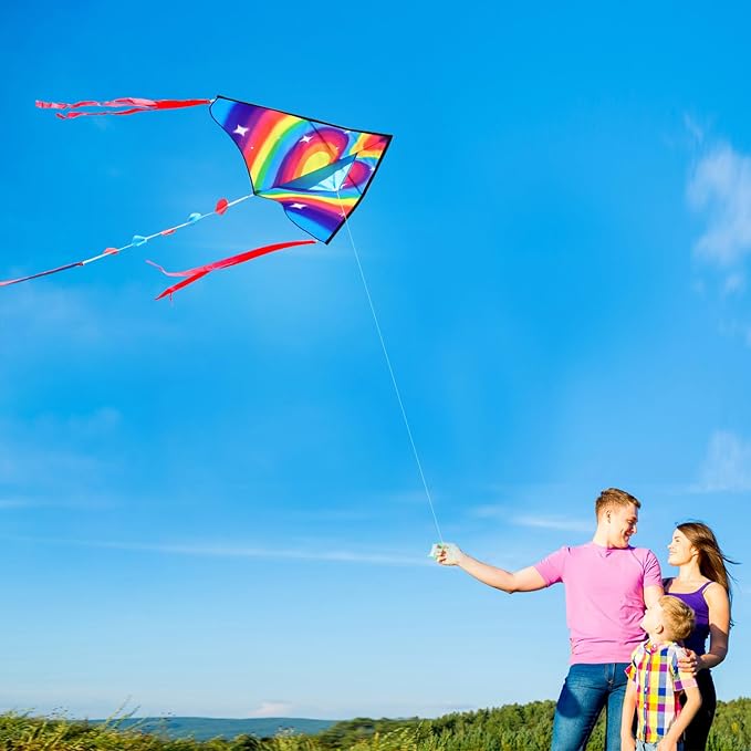 HONBO Large Delta Kite for Kids & Adults,Extremely Easy to Fly Kite for Beach Trip,String Line Included,with Colorful Tail,Perfect for Beginners
