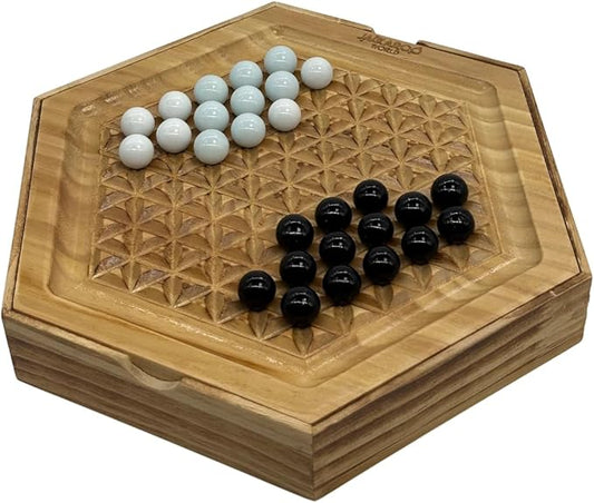 Abalone Board Game - Marble Strategy Game - 2 Player Games - Marble Chess Game - Intellectual Chess Board Game - Strategy Games for Adults - Wooden Board Games 28 Black & White Marbles