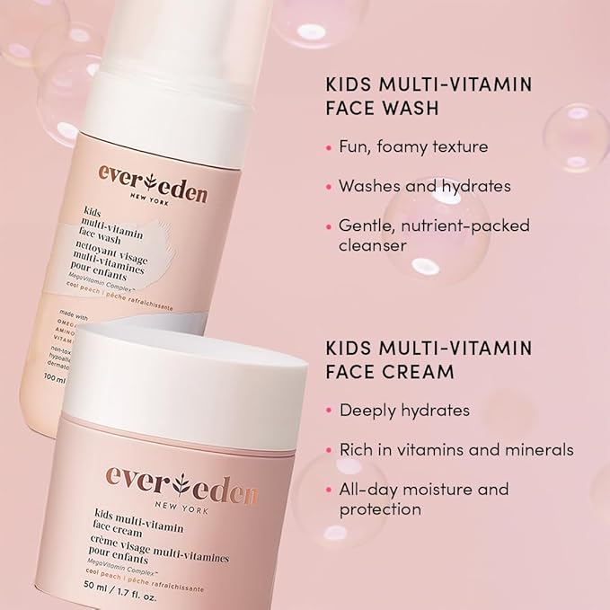 Evereden Happy Kids Skin & Lips Routine - Multi-Vitamin Face Wash & Face Cream Peach & Tinted Lip Oil Sakura Pink Set - Clean & Vegan Skin Care for Kids 3+ - Moisturizing, Nourishing, & Protective