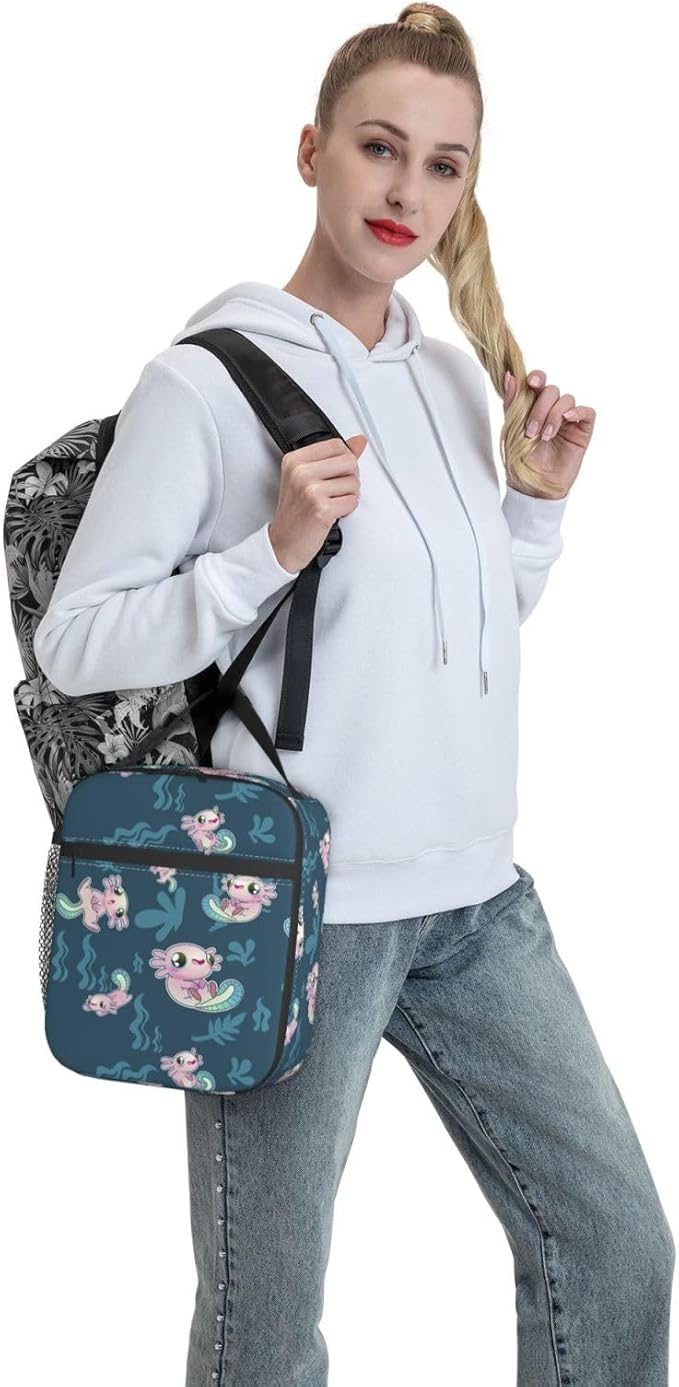 Cute Axolotl Print Reusable Lunch Box Food Bag Insulated Lunch Bag for Teenage Boys Girls School Beach