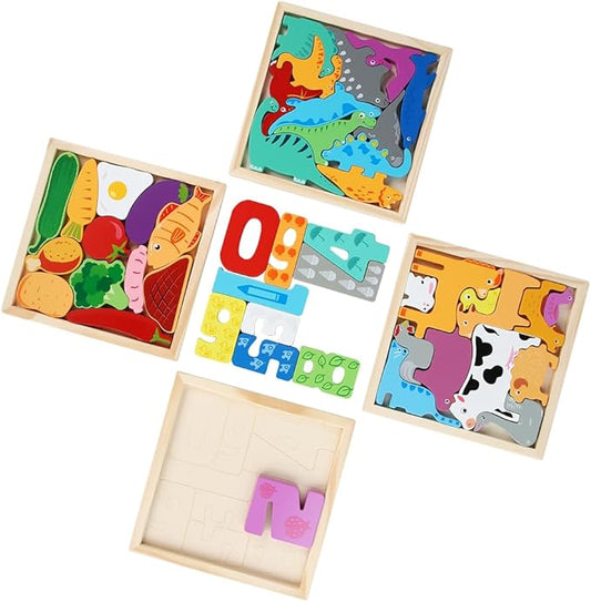 Wooden Puzzles for Kids, 4 Packs Montessori Learning Toy Gifts for Preschoolers Age 3+, 3D Multi-Theme Jigsaw Puzzles for Boys & Girls (Dinosaurs, Livestock, Food, Digital Puzzle Set)