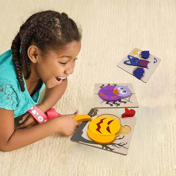 Anditoy 4 Pack Halloween Wooden Puzzles for Kids Toddlers Halloween Toys Party Favors Treat Bags Gifts