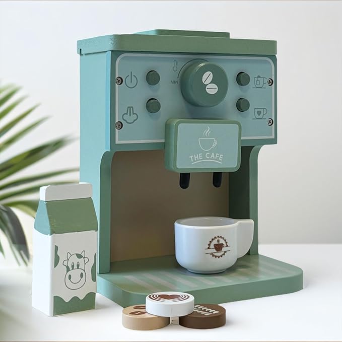 JBBRO Toy Coffee Maker for Kids - Toddler Toys Play Kitchen Accessories Spark Creativity, 8pc Kids Coffee Playset with Machine & Cups, Montessori Wooden Kitchen Toys for Ages 2-4 Enhance Creativity