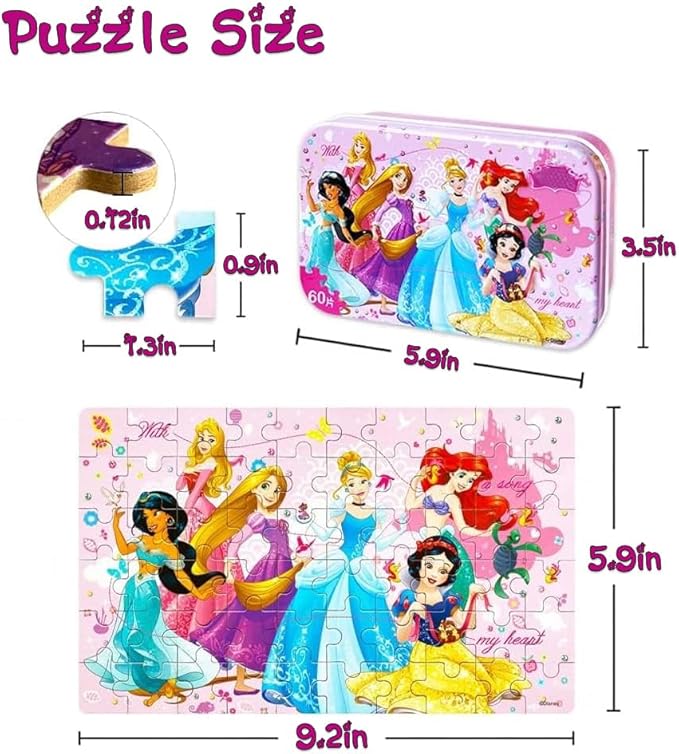 Generic NEILDEN Jigsaw Puzzles for Kids Ages 4-8 Puzzles Packed in Tin Box 60 Pieces Learning Educational Puzzles for Children Girls and Boys, Princess