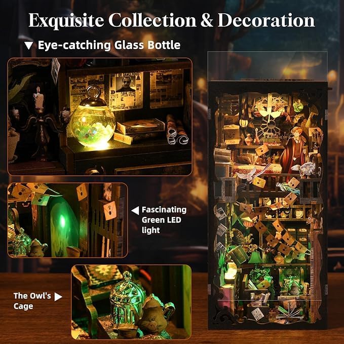 Book Nook Kit for Adults and Teens DIY 3D Wooden Puzzle Bookends, Miniature Dollhouse Kit Bookshelf Decoration, Magic Alley Model with LED Lights,Wizard House