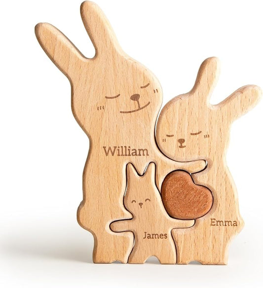 Bunny Family Puzzle, Personalized Wooden Puzzles with 2–5 Names, Easter Gifts for Kids, Rabbit Toys Easter Anniversary Wedding Gifts for Women Men Family Couple