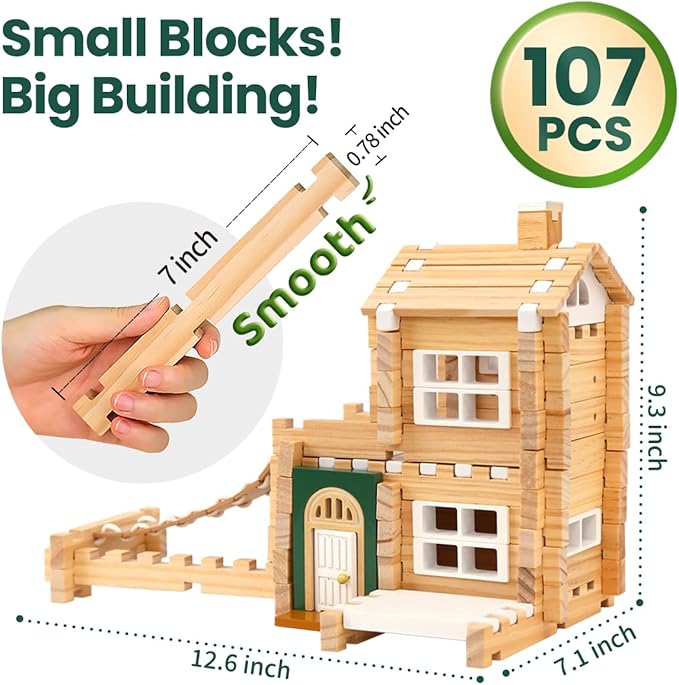 Jovi-mindly＆Notchies 107 Pcs Wooden Blocks Toys with Door and Windows,Classic Old Fashioned Toys,Wooden Building Blocks for Kids Ages 4-8 Boys and Girls,FSC Certified,Halloween Gifts