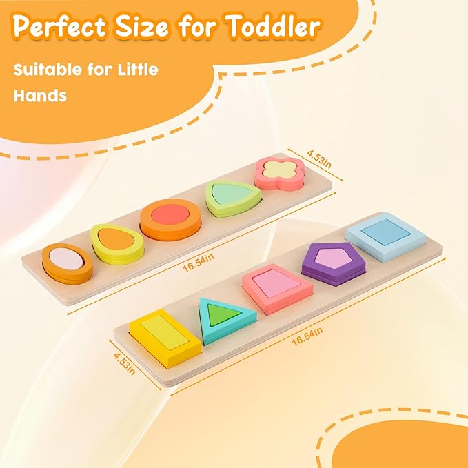 Adena Montessori Colorful Multiple Shape Puzzles Toys for 6-12 Months 1 Year Old Toddler Babies First Shapes Geometric Jumbo Knob Wooden Puzzle Color Sorter (10 Pieces)