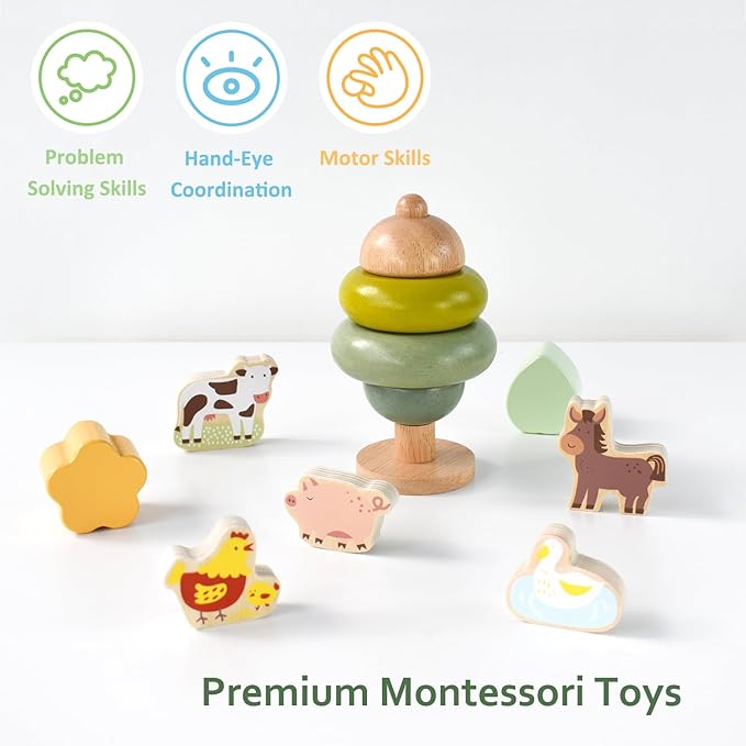 PairPear 3-in-1 Montessori Wooden Toy Set, Shape Sorter Cube, Stacking Tree & Farm Animal Puzzle, Natural Learning Toys for Toddlers 12M+