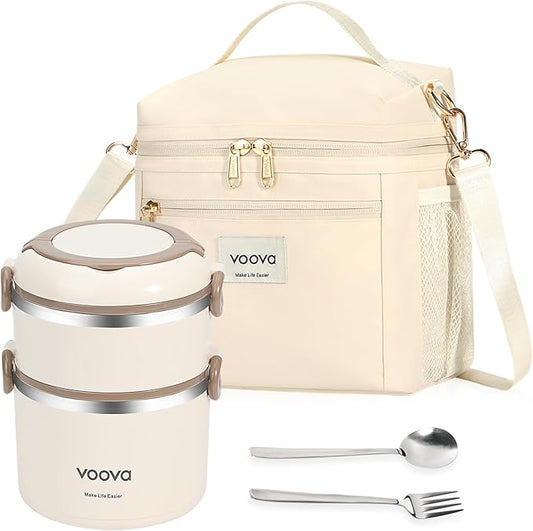 Voova Stackable Stainless Steel Thermal Lunch Box with Lunch Bag for Women Men Adult, 2 Tier Leakproof & Microwave Safe Insulated Bento Boxes Food Container for Work School, Beige