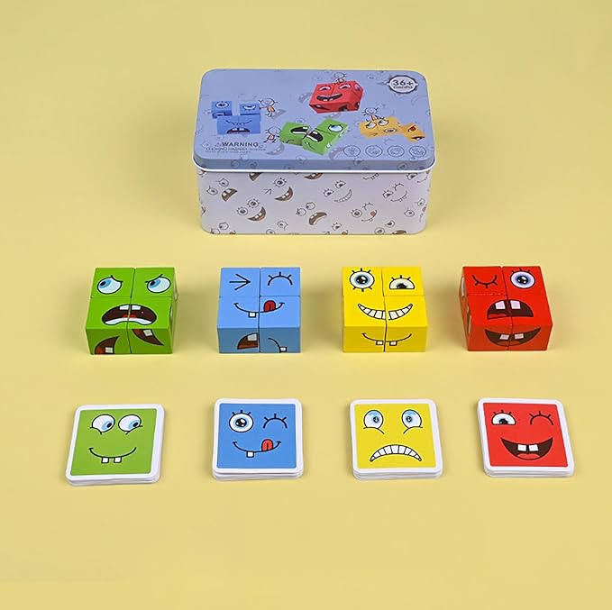 Large Wooden Face Expression Puzzle Building Cubes Manipulatives Face Changing Magic Cube Puzzles Matching Game with Bell Logical Thinking Training Brain Educational Montessori STEM Toys