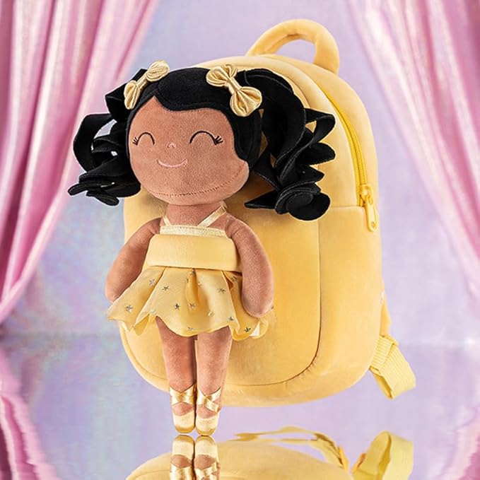 Gloveleya Toddler Backpack Baby Ballerina Girl Gifts Plush Curly Hair Ballet Backpack - Black Blonde 9 inches