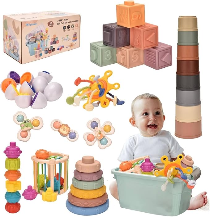 Montessoriii Toys for 1 Year Old,Baby Toys 6-12 Months,Stacking Building Blocks & Soft Infant Teething & Matching Eggs for Toddlers 6-9-12 Months,Baby Boys&Girls Gifts(7 in 1)