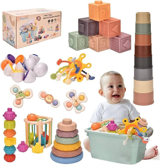 Montessoriii Toys for 1 Year Old,Baby Toys 6-12 Months,Stacking Building Blocks & Soft Infant Teething & Matching Eggs for Toddlers 6-9-12 Months,Baby Boys&Girls Gifts(7 in 1)