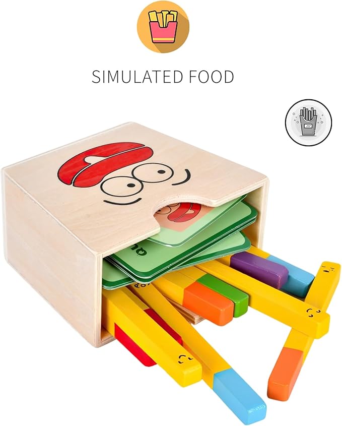 Wooden French Fries Sorting & Stacking Toys for Toddlers, Montessori Educational Toys for 3 Year Old Preschoolers to Develop Fine Motor Skills