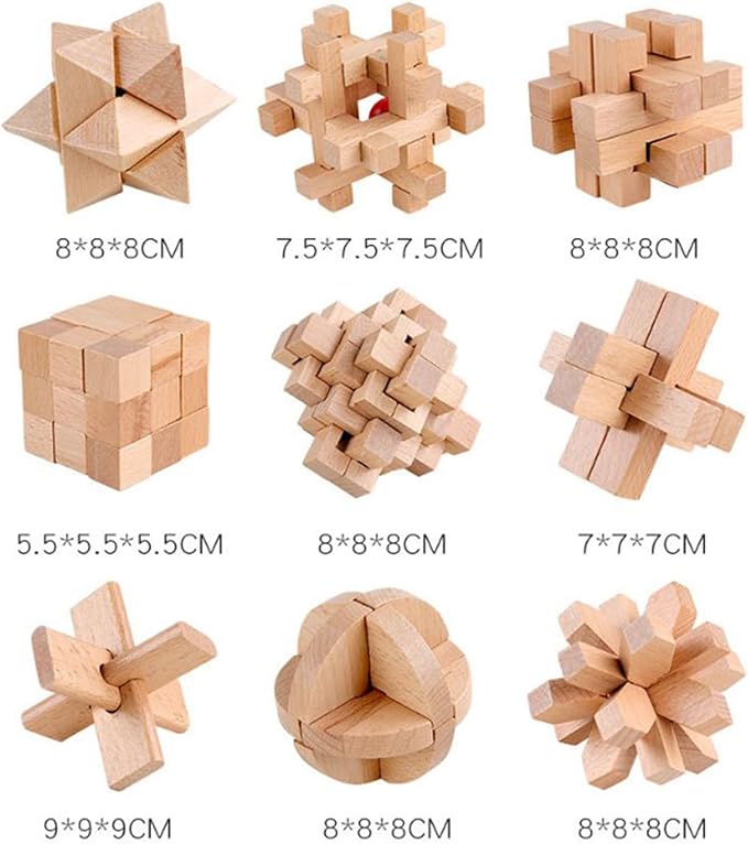 FantasyDay 9pcs Wooden Brain Teaser Puzzles, Interlocking Games for IQ Test, Intellectual 3D Assembling Educational Toy Set for Teens and Adults (9 Puzzle Set#A01)