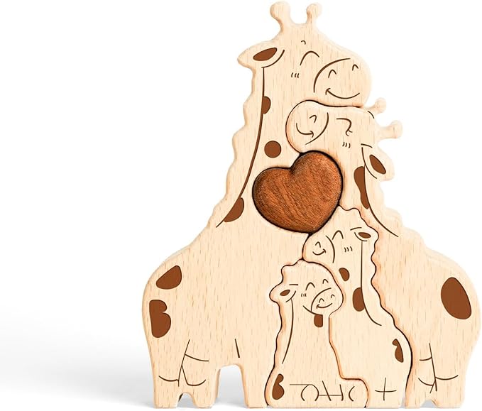 Wooden Giraffe Family Puzzle Games, Personalized 4 Name Puzzle for Home Crafts Decor, House Warming Birthday Party Gifts for Mom Dad Grandma Kids New Baby, Wooden Bear Family