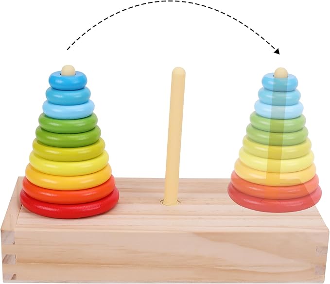 Tower of Hanoi,Wooden Towers of 10 Rings Puzzle with Storage Box Logic Puzzle Brain Teaser Intellectual,STEM Logical Game Travel Toy Family Game Column Blocks Kids 5+ Years Gift