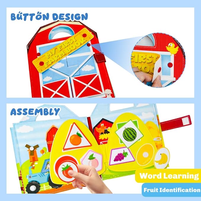 Farm Busy Book for Toddlers 1-3, Busy Book for Toddlers 3-5, Educational Farm Barn Animals Quiet Books with Finger Puppets, Montessori Portable Travel Learning Toys for 1 Year Old Boy Girl Gifts