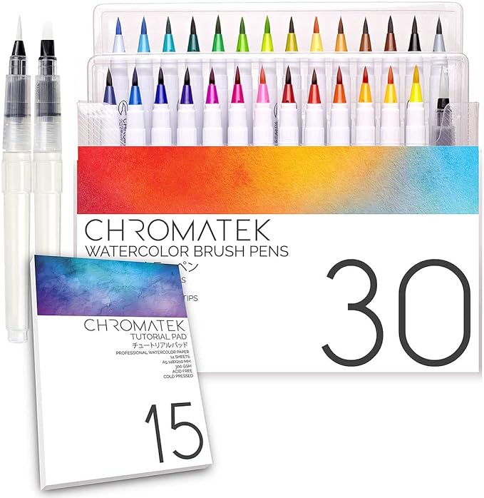 CHROMATEK 30 Watercolor Brush Pens - 15 Page Tutorial Pad and Online Video Series - Real Brush Tip, Vivid, Blendable - Professional Artist Quality - 27 Colors - 3 Aquapens