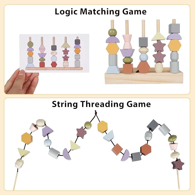 Montessori Toys for 3 Year Old - Wooden Lacing Beads & Stacking Blocks Toys for 3 4 5 Year Old Girl Boy Easter Birthday Gifts, Preschool Learning Activities With Beads Sequencing Set for Kids Age 3+