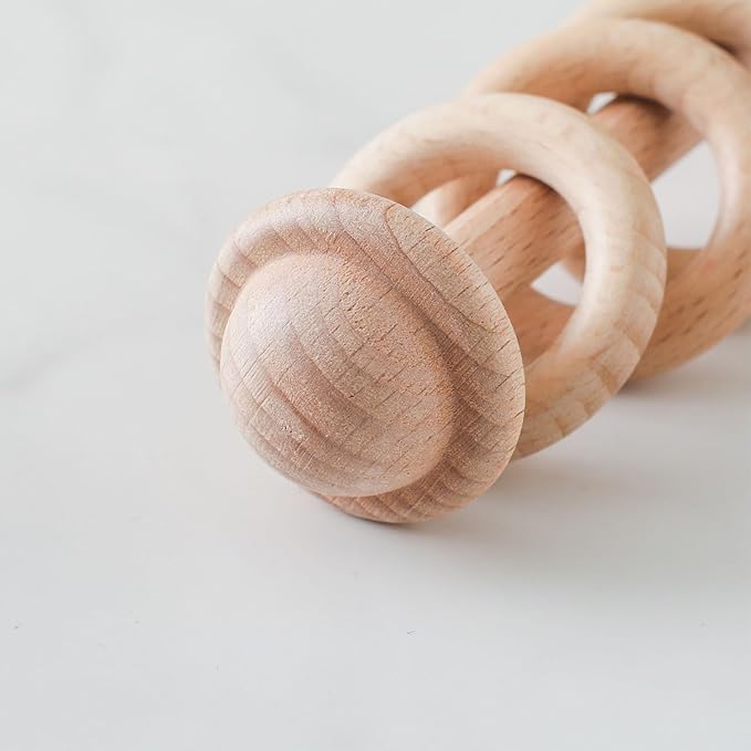Wooden Baby Rattle, Newborn Wooden Rattle Toy, Natural Wooden Montessori Baby Grip 3 Ring Toy, Baby Gift Toy, Wood Rattle-2