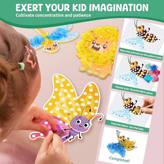 Poke-Art Animal Poking Art Kit with Fabric and Tools,Includes Various Animals Such as Butterflies, Bees, Dragonflies, Peacocks, Parrots, and Lions,Mess-Free Sewing Art for Kids Ages 4+