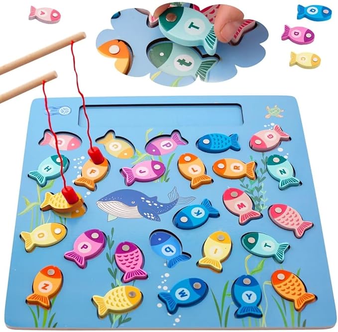 Magnetic Fishing Game for Toddlers, Wooden Alphabet Puzzle Maze Board, Preschool ABC Uppercase Lowercase Letter Matching Game, Montessori Educational Fine Motor Skill Toy for Boy Girl Kids